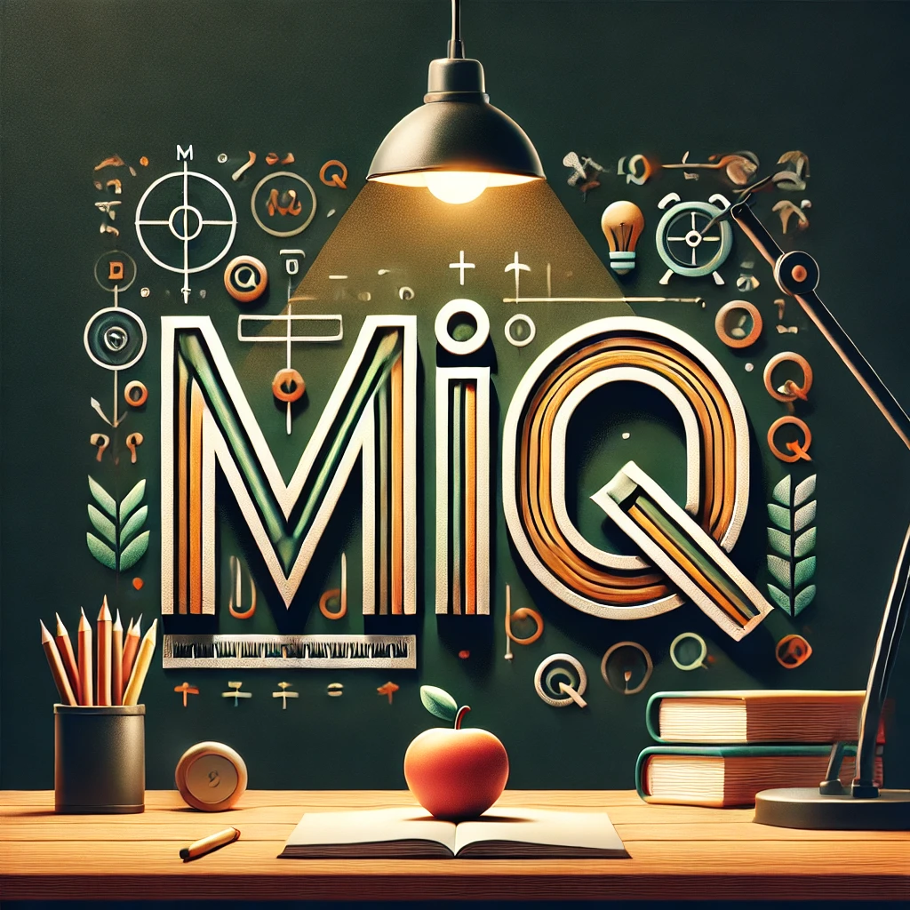 DALL·E 2025-02-16 19.12.06 - A stylized text design featuring 'MiQ' in an educational theme. The text is bold and modern, appearing as if drawn with chalk on a dark green chalkboa