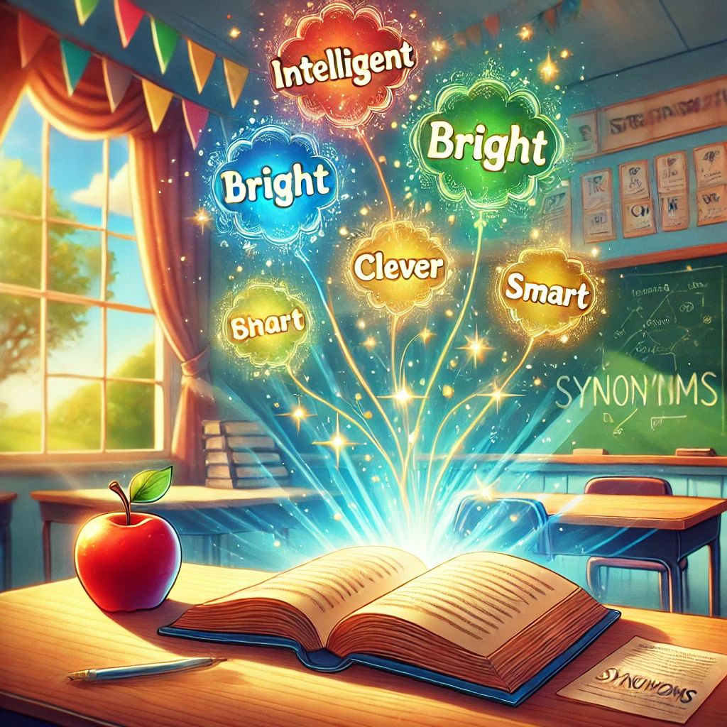 DALL·E 2025-03-26 11.32.29 - A vibrant digital illustration designed to inspire teachers, centered on the concept of 'synonyms'. The image features a glowing, magical open book on
